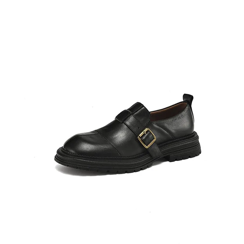 Preppy Style Leather Low Cutter Loafers with Buckle Soft in Coffee/Black
