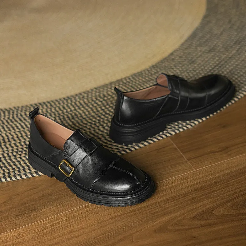 Preppy Style Leather Low Cutter Loafers with Buckle Soft in Coffee/Black