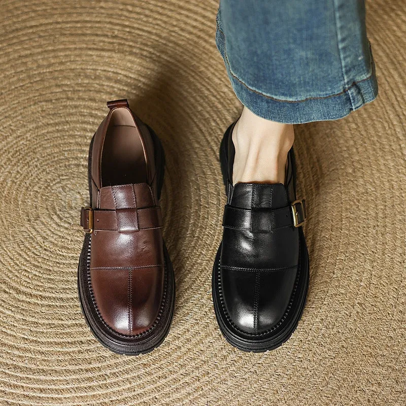 Preppy Style Leather Low Cutter Loafers with Buckle Soft in Coffee/Black
