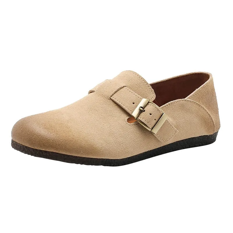 Retro Suede Leather Loafers for Women Buckle-fastening Monk Shoes 6 Colors