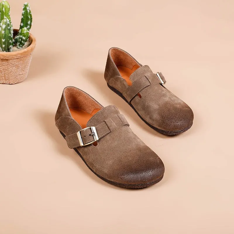 Retro Suede Leather Loafers for Women Buckle-fastening Monk Shoes 6 Colors