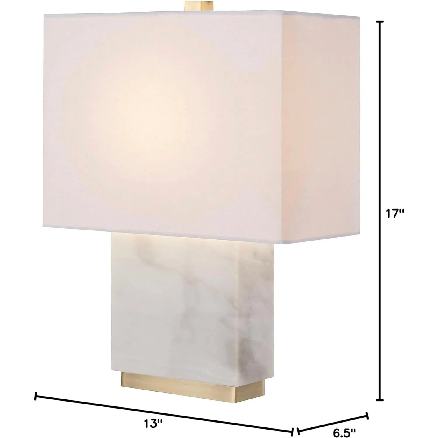 Rivet Mid-Century Modern Rectangle Living Room Table Lamp with LED Light Bulb, 17"H, White Marble and Brass