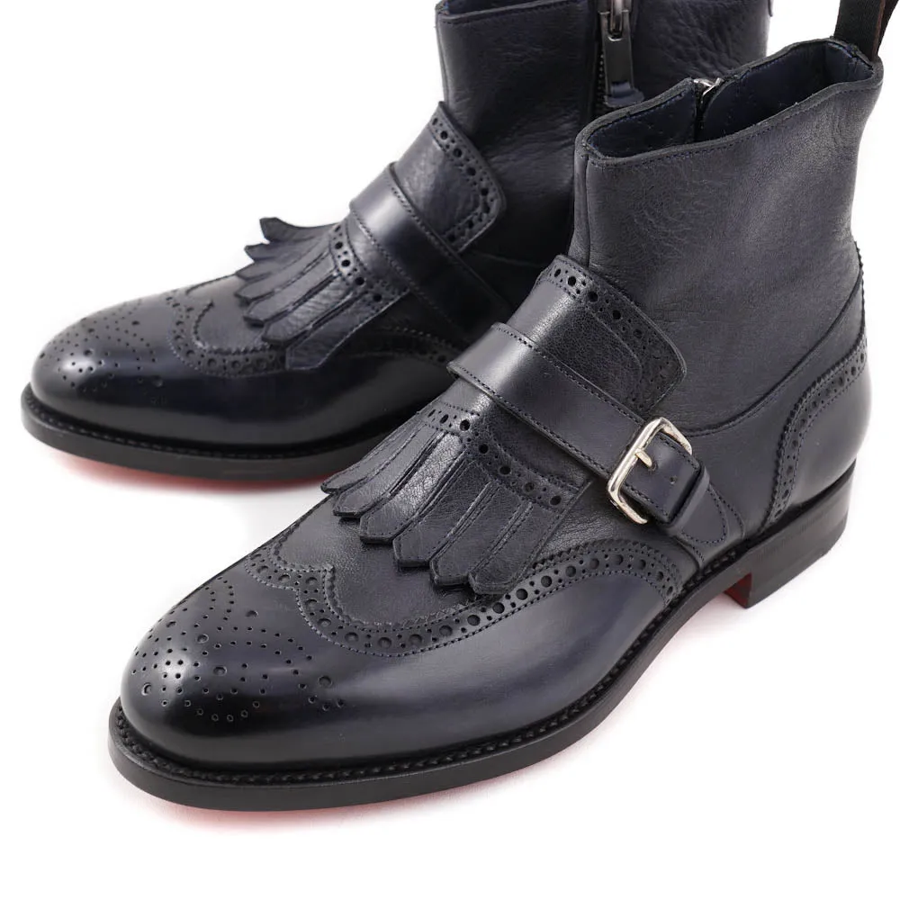 Santoni Navy Leather Boots with Buckle Detail