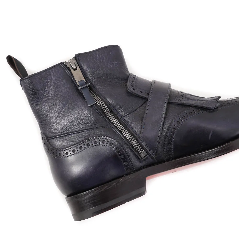 Santoni Navy Leather Boots with Buckle Detail