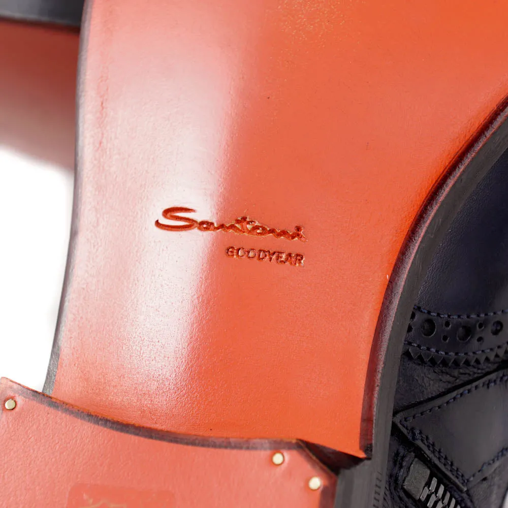 Santoni Navy Leather Boots with Buckle Detail