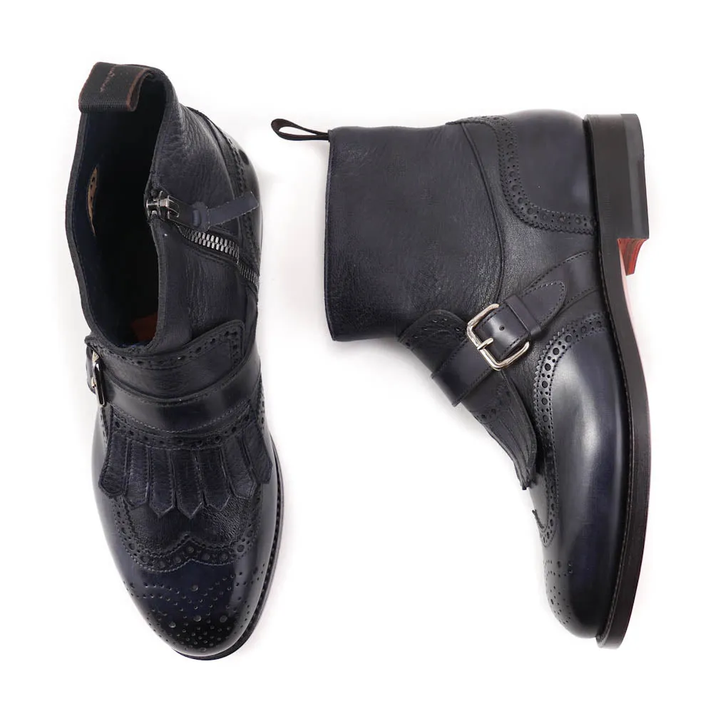 Santoni Navy Leather Boots with Buckle Detail