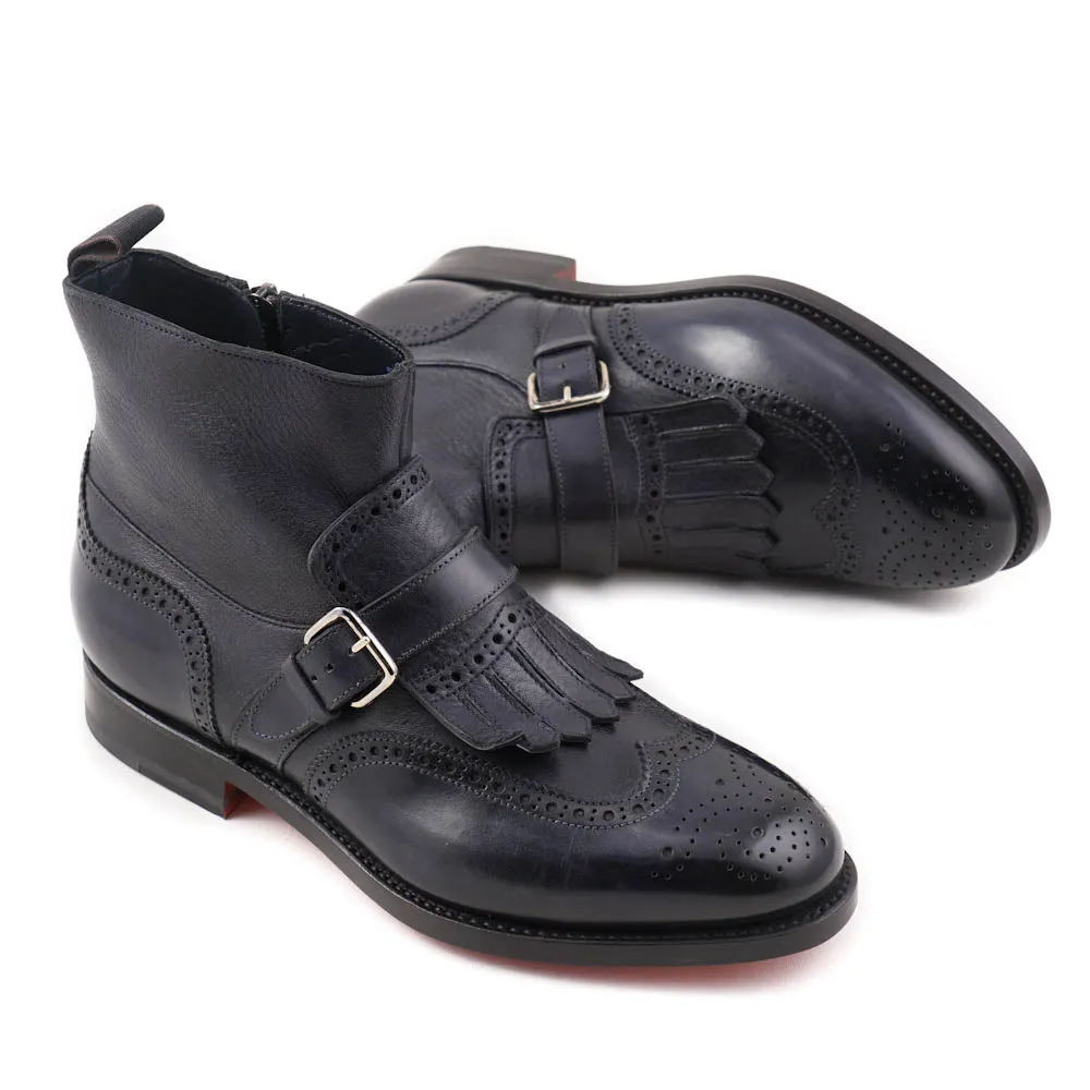 Santoni Navy Leather Boots with Buckle Detail