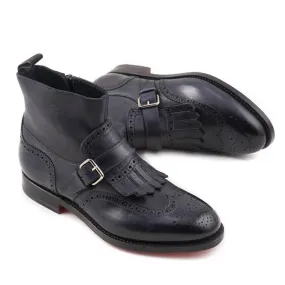 Santoni Navy Leather Boots with Buckle Detail