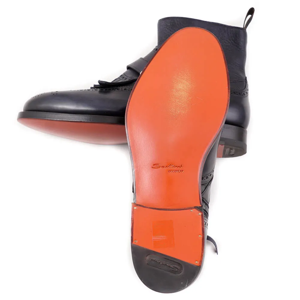 Santoni Navy Leather Boots with Buckle Detail