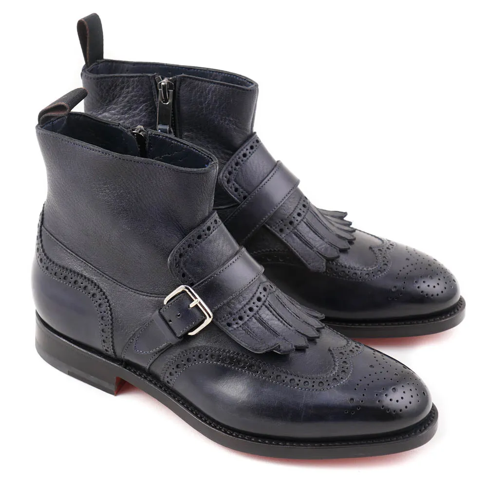 Santoni Navy Leather Boots with Buckle Detail