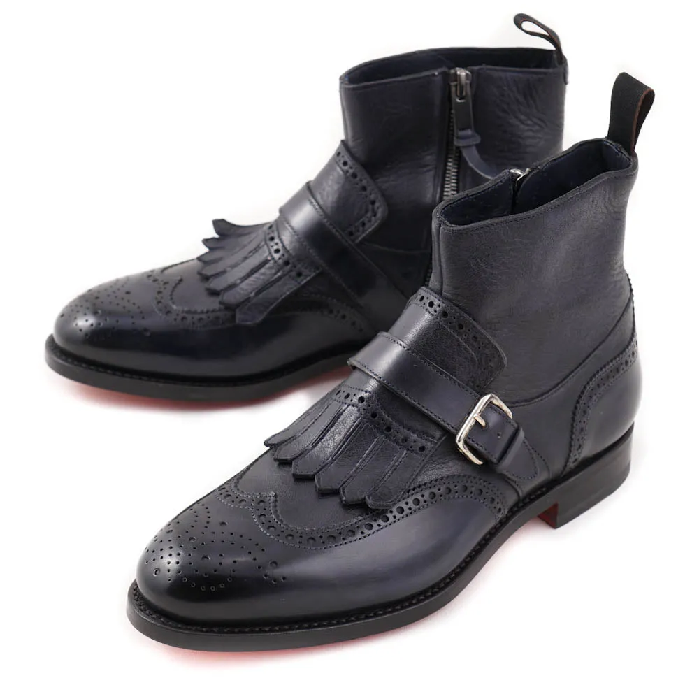 Santoni Navy Leather Boots with Buckle Detail