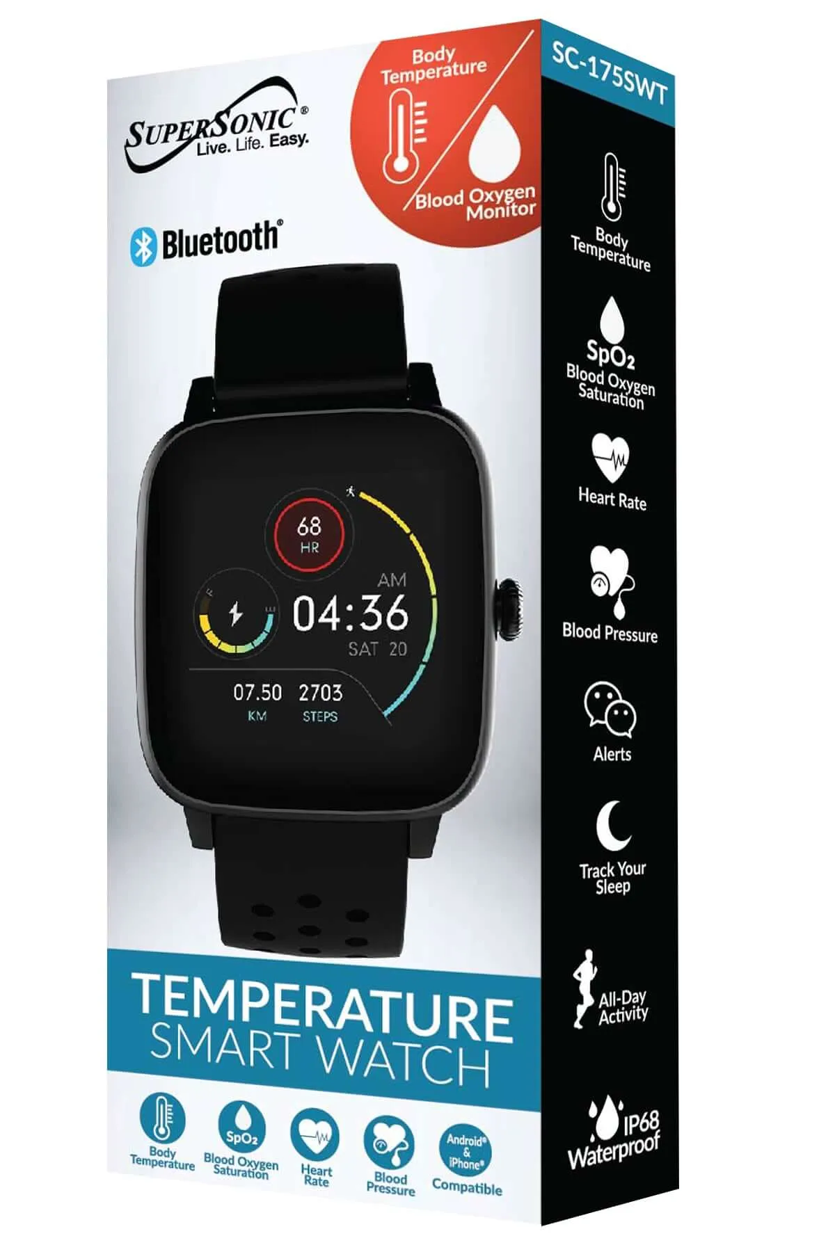 Smartwatch with Dynamic Heart Rate, Temperature, Blood Oxygen, and Blood Pressure Monitor