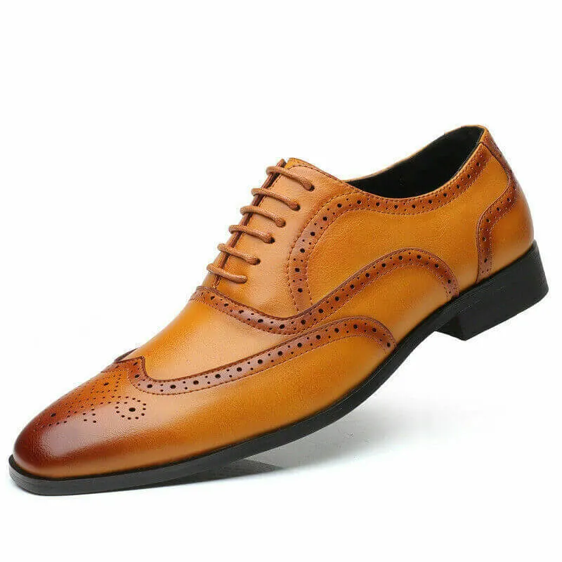 Stylish Men's Handmade Tan Leather Lace Up Wing Tip Burnished Toe Brogue Dress shoes
