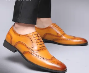 Stylish Men's Handmade Tan Leather Lace Up Wing Tip Burnished Toe Brogue Dress shoes