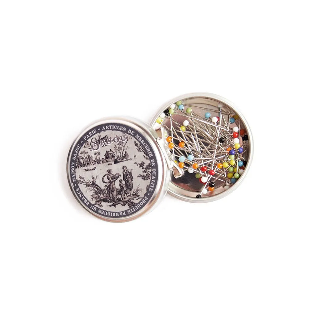 Toile de Jouy Tin with Glass Headed Pins