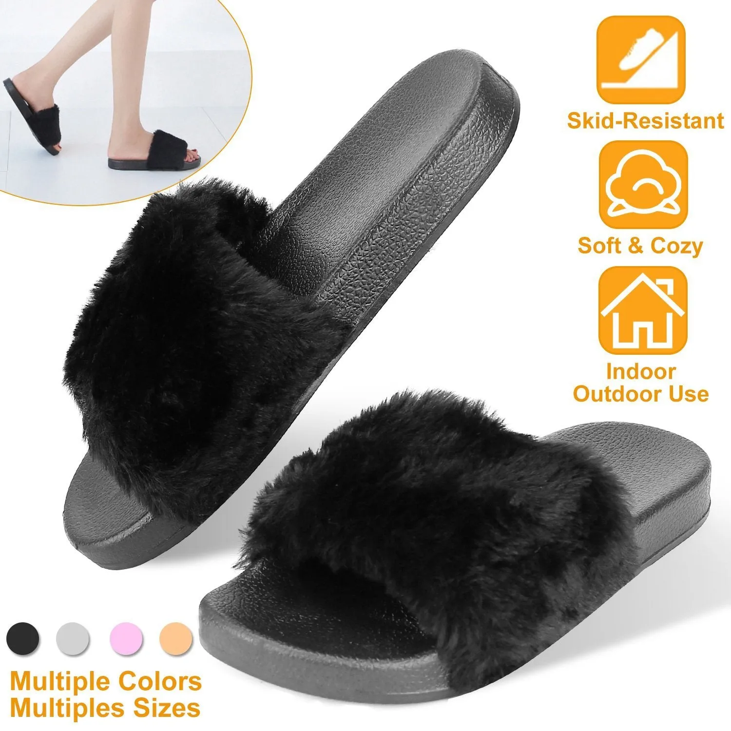 Women Faux Fur Slippers Open Toe